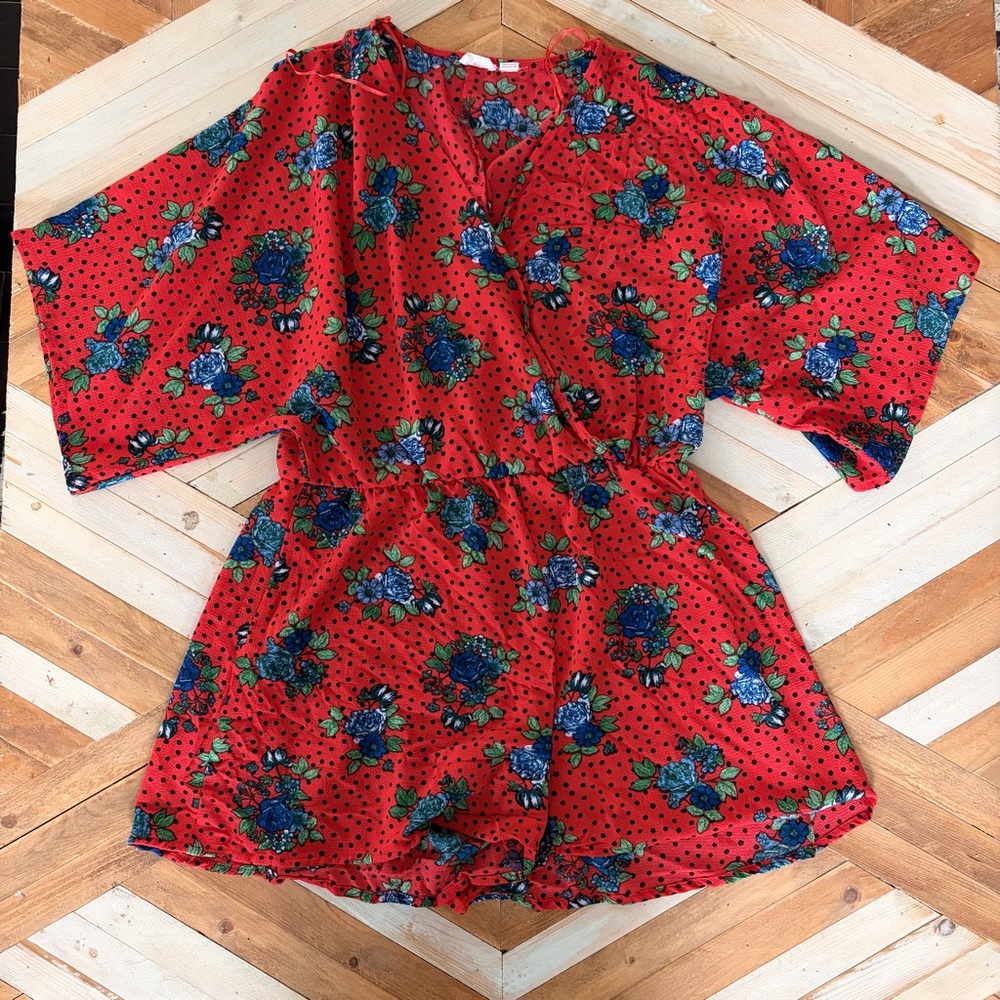 Ripe Red Floral Print Romper with Blue and Green Accents